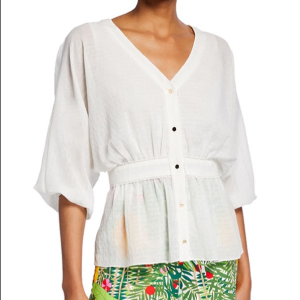 Trina Turk Monochrome Jacquard Button Front Dolman Sleeved Blouse V-neck Band